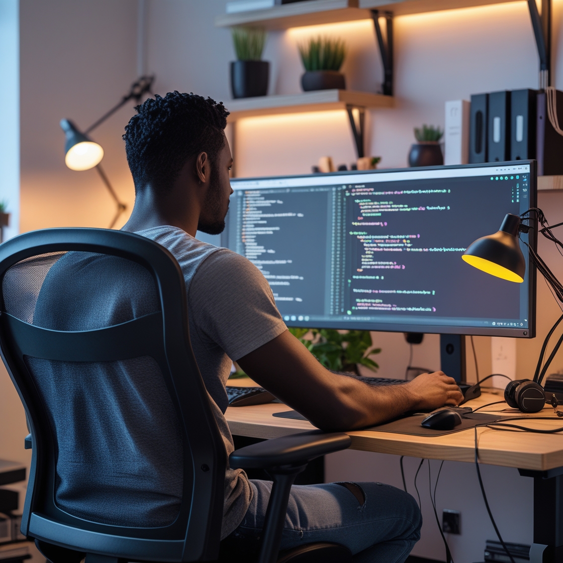 Illustrative image of a software developer with dark skin tone.